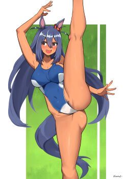 1girl animal_ears arm_up black_hair black_pubic_hair blush breasts cameltoe cleavage commentary competition_swimsuit covered_navel dark-skinned_female dark_skin double-parted_bangs ear_scrunchie english_commentary fang female_pubic_hair flexible gluteal_fold groin hair_between_eyes hair_ornament hairclip highleg highleg_one-piece_swimsuit highres hishi_amazon_(umamusume) horse_ears horse_girl horse_tail kion-kun kneepits large_breasts leg_up long_hair looking_at_viewer one-piece_swimsuit open_mouth outstretched_arm outstretched_legs pubic_hair pubic_hair_peek scrunchie solo split standing standing_on_one_leg standing_split swimsuit tail umamusume v-shaped_eyebrows very_long_hair