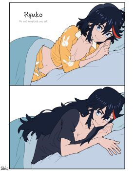 1girl aged_up alternate_hair_length alternate_hairstyle artist_name black_hair black_shirt blanket blue_eyes breasts character_name cleavage closed_mouth collarbone cushion hair_between_eyes highres kill_la_kill long_hair looking_at_viewer lying matoi_ryuuko medium_breasts medium_hair multicolored_hair navel on_bed on_side orange_pajamas pajamas quilt red_hair shio_(zsp1jqohfr12495) shirt smile streaked_hair unbuttoned very_long_hair