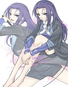 1girl atyakodayo1 barefoot black_coat black_shorts breasts coat dai_(series) daiakuji dated hair_slicked_back highres holding holding_whip hugging_own_legs kaga_motoko long_hair long_sleeves looking_at_viewer medium_breasts mole mole_under_eye multiple_views open_mouth own_hands_together projected_inset purple_eyes purple_hair purple_shirt serious shirt short_shorts shorts sitting translation_request twitter_username white_background