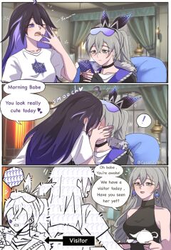 ! 3girls 3koma alternate_costume black_choker blue_hair breasts bronya_rand cesar_zebrah choker closed_mouth collarbone colored_inner_hair comic commentary couple crossed_bangs drill_hair earrings english_commentary english_text eyewear_on_head goggles grey_eyes grey_hair hair_between_eyes hand_on_another's_face height_difference highres holding holding_phone honkai:_star_rail honkai_(series) indoors jacket jewelry kiss large_breasts long_hair looking_at_another looking_at_phone medium_breasts misunderstanding multicolored_hair multiple_girls one_eye_closed open_mouth phone seele_(honkai:_star_rail) shirt silver_wolf_(honkai:_star_rail) squeans standing tea_set twitter_username upper_body very_long_hair waking_up white_shirt window yuri