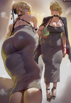 1girl ai-assisted alternate_costume ass back blonde_hair breasts choker cleavage coat collarbone covered_navel curvy dongtan_dress dress evelyn_chevalier full_body high_heels highres huge_ass large_breasts looking_at_viewer looking_back mole mole_under_eye multiple_views open_clothes open_coat pencil_dress purple_eyes shexyo skin_tight solo wide_hips zenless_zone_zero