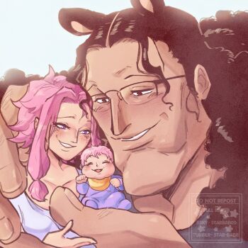 Rule 34 | 1boy, 2girls, ^ ^, aged down, baby, bartholomew kuma, black hair, bluesky username, closed eyes, curly hair, family, freckles, ginny (one piece), glasses, highres, jewelry bonney, multiple girls, one piece, pink hair, purple eyes, sidelocks, size difference, smile, starbab00, tumblr username