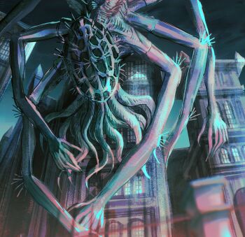 amygdala_(bloodborne) bloodborne building commentary eldritch_abomination english_commentary extra_arms extra_eyes highres horror_(theme) in-universe_location monster night no_humans outdoors rashuu solo tentacles