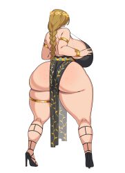 1girl absurdres armlet arms_up asolhoe ass ass_freckles backboob belt black_dress black_shoes blonde_hair body_freckles bracelet braid breasts circlet curvy dress elden_ring facing_away freckles from_behind gladiator_sandals gold_armlet gold_belt gold_bracelet gold_circlet gold_diadem gold_nails high_heels highres huge_breasts jewelry mature_female pelvic_curtain queen_marika_the_eternal sandals shoes solo standing strap_gap thigh_strap white_background