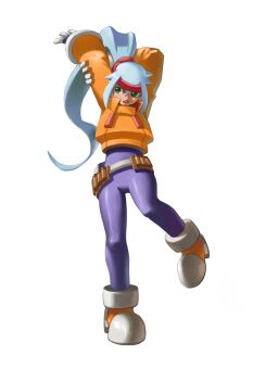 Rule 34 | 1girl, absurdres, arms up, ashe (mega man), black bodysuit, blue hair, bodysuit, commentary request, cropped jacket, full body, green eyes, headband, high ponytail, highres, jacket, long hair, mega man (series), mega man zx, mega man zx advent, nzx78, orange jacket, ponytail, red headband, simple background, solo, white background