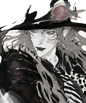 Rule 34 | 1boy, armor, black armor, black lips, colored skin, commentary, d (vampire hunter d), english commentary, fangs, grey eyes, grey hair, hair jewelry, hat, highres, long hair, phorigami, pointy ears, simple background, solo, vampire hunter d, white background, white skin