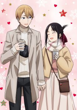 1boy 1girl artist_request black_bag black_hair black_pants blonde_hair blue_eyes breath brown_bag brown_coat brown_skirt closed_eyes coat commentary_request couple cowboy_shot crossbody_bag cup disposable_coffee_cup disposable_cup folded_ponytail hair_ribbon heart hetero highres holding holding_cup holding_hands kaguya-sama_wa_kokurasetai_~tensai-tachi_no_renai_zunousen~ long_sleeves looking_at_another official_art open_clothes open_coat open_mouth pants pink_background pink_scarf pink_shirt red_ribbon ribbon scarf shinomiya_kaguya shirogane_miyuki shirt short_hair skirt smile snowflakes standing star_(symbol) sweater two-tone_scarf white_scarf white_sweater winter_clothes yellow_coat