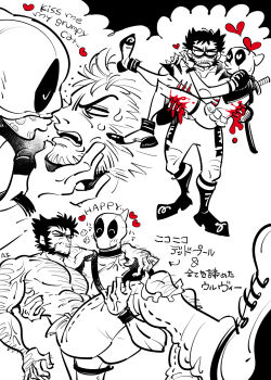 2boys abs arm_hair ass beard blood blush bodysuit carrying chest_hair claw_(weapon) commentary_request deadpool deadpool_&amp;_wolverine deadpool_(series) english_text facial_hair gloves hand_hair hand_on_another's_face highres impaled large_pectorals looking_at_another male_focus marvel marvel mask monochrome multiple_boys muscular muscular_male om85549 open_mouth pants pectorals princess_carry puckered_lips sleeveless stab superhero_costume sweatdrop teeth topless_male torn_clothes torn_pants translation_request weapon wolverine_(x-men) x-men yaoi