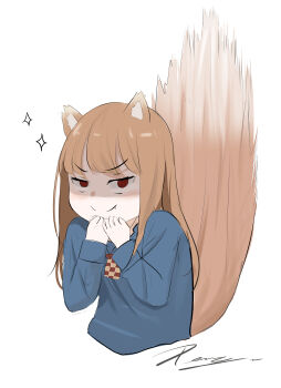 >:) 1girl absurdres animal_ears blue_shirt blunt_bangs blush brown_hair closed_mouth commentary cropped_torso evil_smile expressive_tail fang hands_up highres holo jewelry long_hair long_sleeves looking_at_viewer necklace penguin_sensei_(artist) red_eyes shaded_face shirt signature simple_background smile smug solo sparkle spice_and_wolf split_mouth straight_hair tail tail_raised tsurime upper_body upturned_eyes v-shaped_eyebrows white_background wolf_ears wolf_girl wolf_tail