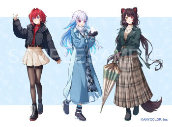 Rule 34 | 3girls, :o, ange katrina, animal ears, ankle boots, aoiro oto, arm up, belt, black boots, black dress, black gloves, black jacket, black pantyhose, blue background, blue coat, blue hair, blue socks, boots, border, brown belt, brown gloves, brown hair, brown skirt, brown tail, character snowman, choker, closed umbrella, coat, colored inner hair, colored shoe soles, commentary request, copyright notice, crossed bangs, dog ears, dog girl, dog tail, dress, floral print, floral print dress, gloves, green jacket, green ribbon, group picture, hair between eyes, hair intakes, hair ornament, hair ribbon, hairband, hairpin, hands up, heterochromia, high heel boots, high heels, holding, holding snowman, holding umbrella, inui toko, jacket, jewelry, lace-up boots, lapels, layered dress, lize helesta, long hair, long sidelocks, long skirt, long sleeves, looking at object, low twintails, medium hair, mini snowman, miniskirt, multicolored hair, multiple girls, multiple hairpins, necklace, nijisanji, official alternate costume, official art, open clothes, open coat, open jacket, outside border, padded jacket, pantyhose, plaid clothes, plaid skirt, pleated skirt, print dress, purple eyes, red choker, red eyes, red hair, red sweater, ribbon, sample watermark, sebastian piyodore, shirt, sidelocks, simple background, skirt, snow animal, snowman, socks, standing, sweater, tail, turtleneck, twintails, two-tone hair, umbrella, very long hair, virtual youtuber, watermark, white border, white dress, white hair, white shirt, white skirt, winter clothes, yellow eyes