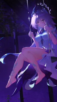 1girl barefoot box_(bagsang59049289) breasts cyrene_(honkai:_star_rail) cyrene_(ripples_of_past_reverie)_(honkai:_star_rail) dress feet halo hashtag-only_commentary highres honkai:_star_rail honkai_(series) large_breasts long_hair night on_swing pink_hair purple_eyes shooting_star sky solo swing toes tree very_long_hair white_dress