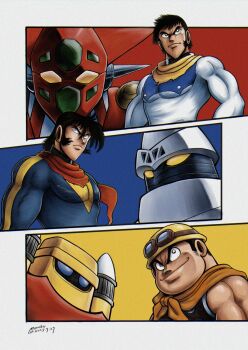 1970s_(style) 3boys artist_name black_eyes black_hair blue_bodysuit blue_eyes bodysuit closed_mouth commentary dated getter-1 getter-2 getter-3 getter_robo getter_robo_(classic) goggles goggles_on_headwear hair_between_eyes hard_hat helmet highres ishikawa_ken_(style) jin_hayato looking_up male_focus mecha mecha_pilot_suit miroku_(miroku_t) multiple_boys musashi_tomoe muscular muscular_male nagare_ryoma oldschool red_scarf retro_artstyle robot scarf science_fiction short_hair sideburns skin_tight smile super_robot v-shaped_eyebrows white_bodysuit yellow_eyes yellow_helmet yellow_scarf