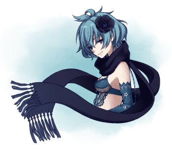 1girl bare_shoulders black_flower black_scarf blue_bra blue_eyes blue_gloves blue_hair bra breasts closed_mouth commentary_request cropped_torso drag-on_dragoon drag-on_dragoon_3 elbow_gloves flower from_side gloves hair_flower hair_ornament medium_breasts scarf short_hair smile solo tamakingx422x two_(drag-on_dragoon) underwear