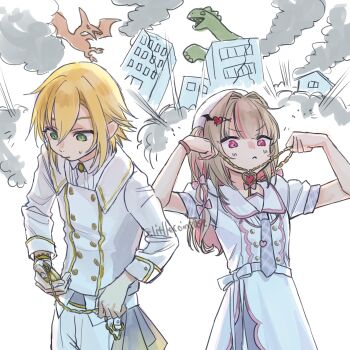 Rule 34 | 1boy, 1girl, :<, absurdres, beret, blonde hair, blunt bangs, blush, bow, buttons, closed mouth, collared shirt, colored inner hair, cowboy shot, double-breasted, dress, explosion, explosion background, flipped hair, furrowed brow, green eyes, grey hair, hair between eyes, hair bow, hair intakes, hair ornament, hair over shoulder, hair tie, hairpin, hat, heart, heart hair ornament, heart necklace, heart pendant, highres, holding, holding jewelry, holding necklace, holding pocket watch, jewelry, kaiju, koze niire, long hair, looking down, makaino ririmu, multicolored hair, necklace, necktie, nijisanji, official alternate costume, official alternate hairstyle, pants, pink bow, pink hair, pink streaks, plaid clothes, plaid necktie, pocket watch, pointy ears, puffy short sleeves, puffy sleeves, purple necktie, red eyes, ribbon, sailor collar, school uniform, shirt, short hair, short sleeves, side-by-side, sidelocks, standing, streaked hair, striped bow, sweatdrop, twitter username, two-tone hair, two side up, uzuki kou, v-shaped eyebrows, virtual youtuber, waist ribbon, watch, white background, white dress, white hat, white pants, white ribbon, white sailor collar, white shirt, winged hair ornament, x hair ornament