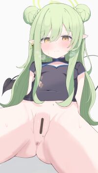 1girl absurdres anus bar_censor black_dress black_tail blue_archive blush braid breasts bun_with_braided_base censored china_dress chinese_clothes closed_mouth commentary covered_navel demon_girl demon_tail double_bun dress earrings green_hair green_halo hair_bun halo heavy_breathing highres hikari_(blue_archive) jewelry long_hair looking_at_viewer nui_(nuinui0300) pointy_ears pussy short_sleeves simple_background small_breasts solo tail translation_request variant_set white_background