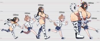 1boy 1girl age_difference age_progression animal_ears animal_print bell bent_over bikini black_hair blue_shoes blush boots breast_awe breasts brown_hair brown_tail child collared_shirt covered_eyes cow_girl cow_horns cow_print cow_tail cowbell curvy denim denim_shorts dog_boy dog_ears dog_tail ear_tag elbow_gloves flat_chest full_body gloves hair_between_eyes half-closed_eyes hands_on_another's_shoulders heart height height_chart height_difference hetero holding_another's_hand horns huge_breasts kodomo_doushi kukeiha_(squarewave29) large_breasts long_hair looking_at_another multiple_views one-piece_swimsuit onee-shota open_mouth original profile raised_inner_eyebrows running shadow shirt shoes short_hair short_sleeves shorts size_difference skindentation sneakers socks standing suspenders swimsuit tag tail teeth thick_thighs thigh_boots thighs upper_teeth_only walking white_shirt white_socks