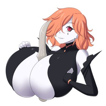 breasts cleavage colored_skin dagger earrings eye_markings fingerless_gloves fire_emblem fire_emblem:_three_houses gloves highres huge_breasts jcdr jewelry knife kronya_(fire_emblem) looking_at_viewer nintendo object_between_breasts orange_hair pale_skin red_eyes short_hair smile solo tagme upper_body weapon white_background white_skin