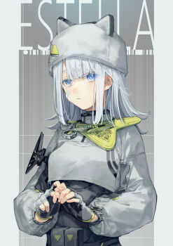 Rule 34 | 1girl, absurdres, arknights, arknights: endfield, bandaid, bandaid on cheek, bandaid on face, black gloves, blue eyes, character name, clothes writing, commentary, endfield industries logo, estella (arknights), fingerless gloves, gloves, grey background, grey gloves, grey hair, grey hat, hat, hat ornament, highres, long sleeves, looking at viewer, medium hair, miike (992058), own hands together, parted lips, puffy long sleeves, puffy sleeves, solo, upper body