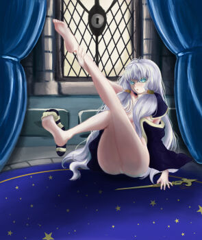 barefoot blue_eyes blue_jacket feet harry_potter_(series) highres hogwarts_legacy jacket long_hair messy_hair nude original protagonist_(hogwarts_legacy) ravenclaw very_long_hair wand white_hair wizarding_world