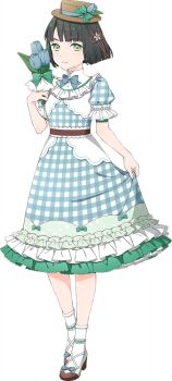 1girl black_hair blue_bow blue_bowtie blue_dress blue_flower blue_tulip blunt_bangs blunt_ends bob_cut bow bowtie brown_hat closed_mouth dress flower frilled_dress frills full_body game_cg gigo gingham_dress green_bow green_eyes green_shoes hat hat_bow hat_flower high_heels holding holding_flower link!_like!_love_live! looking_at_viewer love_live! medium_dress momose_ginko non-web_source official_alternate_costume official_art puffy_short_sleeves puffy_sleeves shoes short_hair short_sleeves simple_background smile socks solo split_mouth transparent_background tulip virtual_youtuber white_socks
