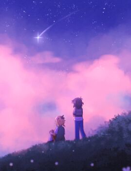 1boy 1girl alternate_skin_color antenna_hair bandaged_arm bandages basil_(faraway)_(omori) basil_(omori) black_hair black_shoes blonde_hair blue_pants blue_sky brown_shorts cloud commentary cropped_hoodie cumulonimbus_cloud dark-skinned_male dark_skin denim donuqx english_commentary film_grain flower from_behind full_body green_sweater_vest grey_hoodie hair_flower hair_ornament highres hill hood hood_down hoodie jeans kneehighs knees_up leaf mincy_(omori) multicolored_hair omori on_grass outdoors pants pink_clouds pink_flower roots_(hair) shirt shoes shooting_star short_hair short_sleeves shorts sitting sky socks sparkle standing star_(sky) starry_sky striped_clothes striped_hoodie sweater_vest twitter_username two-tone_hair white_shirt white_socks