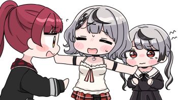 3girls :d bare_shoulders black_dress black_hair blush_stickers braid braided_bangs breasts brown_eyes camisole chibi cleavage closed_eyes closed_mouth dress grey_hair hair_ornament highres hololive houshou_marine houshou_marine_(summer) long_hair long_sleeves medium_breasts mochimiko multicolored_hair multiple_girls open_mouth outstretched_arms plaid_clothes plaid_skirt pleated_dress pleated_skirt ponytail profile puffy_long_sleeves puffy_sleeves red_eyes red_hair red_skirt sakamata_chloe sakamata_chloe_(1st_costume) siblings sisters skirt sleeves_past_wrists smile spread_arms streaked_hair twintails very_long_hair virtual_youtuber wavy_mouth white_camisole x_hair_ornament