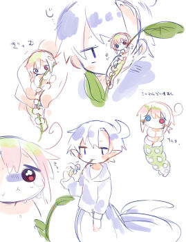 2boys :3 absurdres blue_eyes blue_hair blue_hoodie blush_stickers bright_pupils brothers bug caterpillar cowlick crying crying_with_eyes_open extra_arms highres hood hood_down hoodie in_palm interspecies jitome karato_(uenomigi) leaves long_tongue looking_at_another male_focus monster_boy monsterification multiple_boys original picking_up pink_hair plant pointy_ears ponytail raito-kun_(uenomigi) red_eyes scared serpentine short_hair siblings simple_background size_difference snake snake_boy snake_tail sweat tail tears tongue trap uenomigi white_background white_pupils