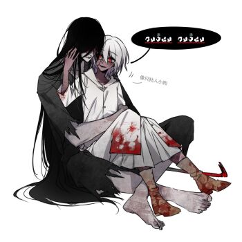 Rule 34 | 1boy, 1girl, 777054, adashino adami, black hair, black kimono, blood, blood on clothes, chinese commentary, chinese text, commentary request, crowbar, grey hair, grey raincoat, hetero, highres, homicipher, homicipher text, hug, hug from behind, japanese clothes, kimono, long hair, looking at another, mr. crawling, red eyes, short hair, simple background, sitting, sitting on lap, sitting on person, translation request, very long hair, white background