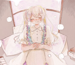 Rule 34 | 1girl, blush, closed eyes, closed mouth, collared dress, commentary request, cowboy shot, dress, dripping, facing viewer, frilled dress, frills, highres, hoho ga kawaku made (vocaloid), instrument, interlocked fingers, long hair, mini piano, own hands together, piano, pillow, puffy short sleeves, puffy sleeves, sabaku (saba9), short sleeves, single tear, sitting, smile, solo, traditional media, twintails, vocaloid, water drop, watercolor pencil (medium), white dress, white hair, window