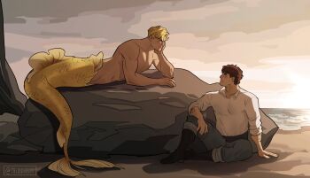 2boys arm_hair artist_name beach black_footwear blonde_hair blue_eyes boots brown_background brown_hair closed_mouth collared_shirt dc_comics fins full_body grey_pants groin hand_on_own_face head_rest highres looking_at_another lying male_focus melonnabar merman mermay_2023 michael_carter monster_boy monsterification multiple_boys on_stomach outdoors pants rock scales shirt short_hair sitting smile sun sunset ted_kord toned toned_male twitter_username water white_shirt yaoi yellow_scales young_justice