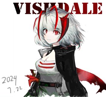 1girl ahoge antenna_hair arknights black_jacket breasts bright_pupils character_name chinese_commentary chromatic_aberration cleavage commentary_request dated grey_hair grey_tank_top highres jacket looking_at_viewer medium_breasts multicolored_hair open_clothes open_jacket parted_lips red_eyes red_hair scoop_neck short_hair simple_background sketch solo streaked_hair tank_top typo upper_body w_(act_ii)_(arknights) w_(arknights) white_background white_pupils yi_zhi_chu_ln