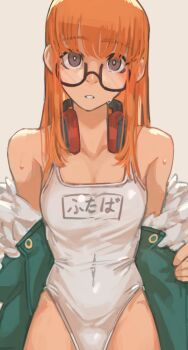 1girl brown_eyes collarbone commentary commission covered_navel english_commentary fur-trimmed_jacket fur_trim glasses green_jacket headphones headphones_around_neck highleg highleg_one-piece_swimsuit jacket looking_at_viewer off_shoulder one-piece_swimsuit orange_hair parted_lips persona persona_5 sakura_futaba school_swimsuit simple_background solo swimsuit toastitos undressing wet white_one-piece_swimsuit