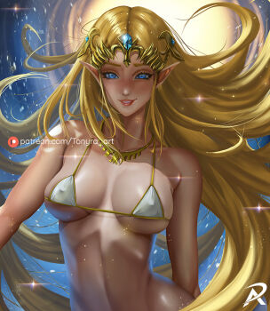 bikini blonde_hair blue_eyes blue_gemstone blush breasts collarbone gem gold_tiara jewelry large_breasts light_smile lipstick long_hair looking_at_viewer makeup micro_bikini necklace nintendo pink_lips pointy_ears princess_zelda sidelocks signature smile swimsuit the_legend_of_zelda tiara tonyra upper_body white_bikini