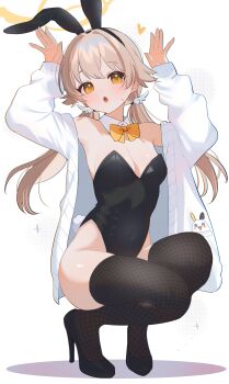 1girl :o absurdres animal_ear_hairband animal_ears arms_up black_leotard blue_archive bow bowtie breasts brown_hair cleavage commentary detached_collar fake_animal_ears fishnet_thighhighs fishnets full_body hairband hifumi_(blue_archive) highres leotard orange_eyes playboy_bunny rabbit_ear_hairband rabbit_ears rabbit_pose rabbit_tail shusuchii solo symbol-only_commentary tail thighhighs