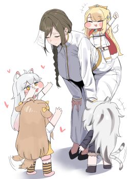 5girls absurdres ahoge animal_ear_fluff animal_ears arms_up bent_over black_shoes blush_stickers breasts brown_hair butter_(trickcal) carrying cat_ears cat_girl cat_tail closed_eyes closed_mouth dog_ears dog_girl dog_tail dress erpin_(trickcal) grey_hair highres kommy_(trickcal) large_breasts leader_(trickcal) long_hair long_sleeves multiple_girls open_mouth paper_on_head piggyback shoes simple_background smile standing tail tail_wagging thighhighs trickcal white_background white_dress white_thighhighs xipa