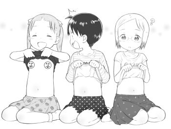 3girls ? ahoge censored closed_eyes clothes_lift food_print full_body glasses ichigo_mashimaro itou_chika lifting_own_clothes loli macaron_print matsuoka_miu meis_(terameisu) monochrome multiple_girls navel novelty_censor open_mouth paid_reward_available polka_dot polka_dot_skirt sakuragi_matsuri seiza shirt_lift short_hair simple_background sitting skirt socks star_(symbol) star_print striped twintails white_background