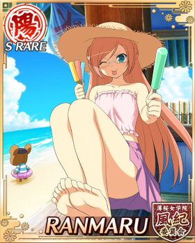 1girl barefoot beach beach_house blue_eyes border braid breasts button_eyes buttons card_(medium) character_name day dress english_text food game_cg glasses hair_ornament hair_scrunchie half_up_half_down_braid hat high_ponytail holding holding_food holding_popsicle incoming_gift kumapooh_(senran_kagura) long_hair looking_at_viewer ocean official_alternate_costume official_art one_eye_closed orange_hair pink_dress ponytail popsicle ranmaru_(senran_kagura) sarong scrunchie senran_kagura senran_kagura_new_wave sitting small_breasts solo straw_hat stuffed_animal stuffed_toy swept_bangs teddy_bear tongue tongue_out very_long_hair