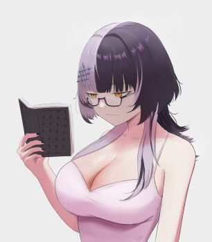 1girl absurdres black_hair black_nails book breasts camisole cleavage closed_mouth commentary glasses grey_hair highres holding holding_book hololive hololive_english large_breasts misterrai multicolored_hair pink_camisole reading semi-rimless_eyewear shiori_novella simple_background solo split-color_hair symbol-only_commentary two-tone_hair virtual_youtuber white_background yellow_eyes