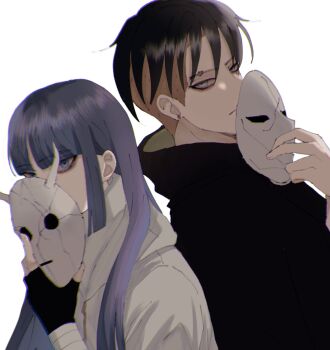 Rule 34 | 1boy, 1girl, black coat, black hair, blonde hair, blue eyes, blue hair, boruto: naruto next generations, chromatic aberration, coat, commentary request, covering own mouth, expressionless, eyebrow piercing, face piercing, fingerless gloves, gloves, grey eyes, highres, holding, holding mask, hood, hoodie, ifevilwhyuhot, kakei sumire, kawaki (boruto), mask, multicolored hair, naruto (series), piercing, two-tone hair, undercut, white hoodie