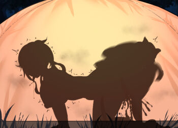 1boy 1girl all_fours ass bestiality breasts completely_nude cum cum_in_pussy doggystyle excessive_cum huge_ass huge_breasts inuyama_aoi nipples nude open_mouth saliva saliva_trail sex sex_from_behind silhouette tongue tongue_out trembling vaginal yurucamp