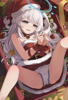 1girl alternate_costume bell blue_archive blue_halo blush bound box christmas commentary_request dress gift halo hat highres long_hair miyako_(blue_archive) miyako_(young)_(blue_archive) neck_bell panties polka_dot polka_dot_panties ripnte santa_costume santa_hat solo underwear white_panties