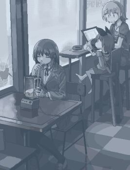 3girls animal_ears artist_name bag bandaged_hand bandages bandaid bandaid_on_hand bar_stool barefoot blazer blender_(object) blue_theme broken_glass broken_window cafe cat_ears chair child closed_eyes closed_mouth collared_shirt computer cup disposable_cup dithering drinking drinking_straw english_text eyes_visible_through_hair food frilled_sleeves frills glass hamsterfragment hand_up holding holding_blender holding_cup holding_drinking_straw hood hood_down indoors jacket jaggy_lines lapels laptop loafers long_hair long_sleeves monochrome multiple_girls neck_ribbon no_nose notched_lapels on_chair original pleated_skirt puffy_sleeves ribbon sanpaku school_uniform shirt shoes short_hair short_sleeves shoulder_bag sitting skirt smile snorting split_mouth stool shinohata_sachie_(hamsterfragment) table thighhighs tile_floor tiles window wing_collar zettai_ryouiki