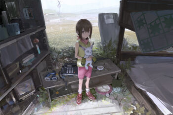 1girl ashtray bandana bed bed_sheet blanket blender_(object) book brown_eyes brown_hair bunk_bed calendar_(object) character_doll clock digimon digimon_(creature) doll female_focus fence goggles grass green_shirt highres hill holding holding_digimon leaf outdoors paindude phone pillow pink_shorts plant railroad_crossing red_footwear refrigerator ruins scenery shirt short_hair shorts sidelocks sky solo standing stuffed_animal stuffed_toy table tailmon television wind_chime yagami_hikari