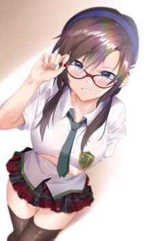 Rule 34 | 1girl, @shun, absurdres, adjusting eyewear, against wall, black hair, blue eyes, blue hairband, blush, breasts, collared shirt, emblem, evangelion: 2.0 you can (not) advance, glasses, green necktie, grin, hairband, hand up, highres, interface headset (evangelion), large breasts, long hair, looking at viewer, makinami mari illustrious, miniskirt, necktie, neon genesis evangelion, plaid clothes, plaid skirt, rebuild of evangelion, red-framed eyewear, school emblem, school uniform, see-through clothes, shirt, skirt, smile, solo, thigh gap, thighhighs, twintails, white shirt