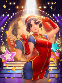 1girl asamiya_athena breasts curvy dress female_focus gloves hair_bun hairband hand_up highres looking_at_viewer medium_breasts pale_skin purple_eyes purple_hair short_hair skirt smile smiley_face stage stage_lights star_(symbol) the_king_of_fighters thick_thighs thighs wide_hips