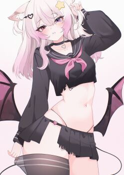1girl absurdres animal_ear_fluff animal_ears annytf arm_up bat_wings black_choker black_neckerchief black_shirt black_skirt black_thighhighs blush choker collarbone commentary cowboy_shot cropped_shirt demon_tail english_commentary fingernails fox_ears gradient_hair hair_ornament head_tilt heart heart_hair_ornament heterochromia highres indie_virtual_youtuber ketari long_sleeves looking_at_viewer low_wings miniskirt multicolored_hair navel neckerchief parted_lips pink_eyes pink_hair puffy_long_sleeves puffy_sleeves purple_eyes shirt simple_background single_thighhigh skirt sleeve_cuffs solo standing star_(symbol) star_hair_ornament stomach tail thighhighs thighhighs_pull thong torn_clothes torn_shirt torn_skirt two_side_up virtual_youtuber white_background white_hair wings