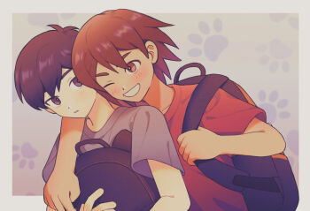 2boys ;d aged_down antenna_hair arm_around_shoulder backpack bag bare_arms behind_another black_bag black_eyes black_hair border bright_pupils brown_eyes brown_hair bskrf_vc child chinese_commentary collarbone commentary_request double-parted_bangs eye_contact film_grain grey_background grey_border grey_shirt grin hair_behind_ear hair_between_eyes highres holding holding_bag kel_(faraway)_(omori) kel_(omori) light_blush looking_at_another looking_back male_focus multiple_boys omori one_eye_closed open_mouth outside_border parted_lips paw_print paw_print_background red_shirt shirt short_hair short_sleeves simple_background smile sunny_(omori) t-shirt tareme thick_eyebrows upper_body very_short_hair white_pupils