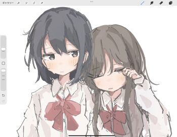 2girls adachi_sakura adachi_to_shimamura blue_hair brown_hair film_grain grey_hair hair_ornament hairclip heads_together highres ichiha_(ichi_u2) light_blush long_sidelocks looking_at_another multiple_girls neck_ribbon no_nose one_eye_closed open_mouth parallel_hairclips red_ribbon ribbon rubbing_eyes screencap shimamura_hougetsu shirt sidelocks simple_background sketch sleepy sweatdrop white_background white_shirt yuri