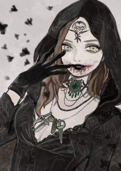1girl black_gloves black_lips blood blood_on_face breasts brown_hair cleavage commentary daniela_dimitrescu gloves goth_fashion head_tattoo hooded_robe jewelry long_hair myaco9 necklace resident_evil resident_evil_village robe solo yellow_eyes