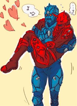 ... ...? 2boys ? ?? armor blue_armor carrying dazed heart holding kamen_rider kamen_rider_den-o_(series) male_focus momotaros monster monster_boy multiple_boys musical_note oni princess_carry red_armor squeans turtle urataros